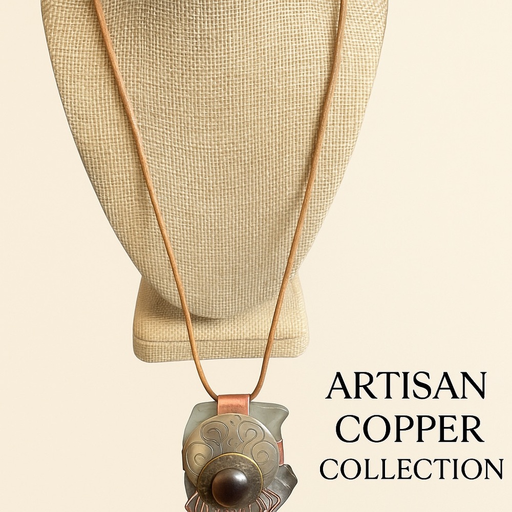 Artisan Copper & Brass Pendant Necklace With Leather Cord